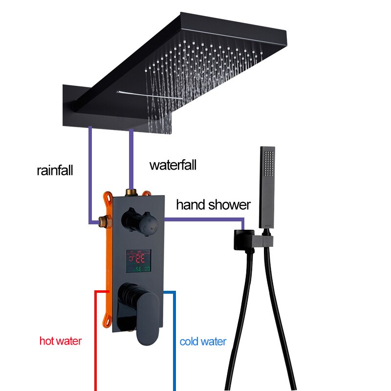 Chrome Finished Waterfall Rain 2 Way Mixer Shower LCD Temperature Control Display Shower Kit