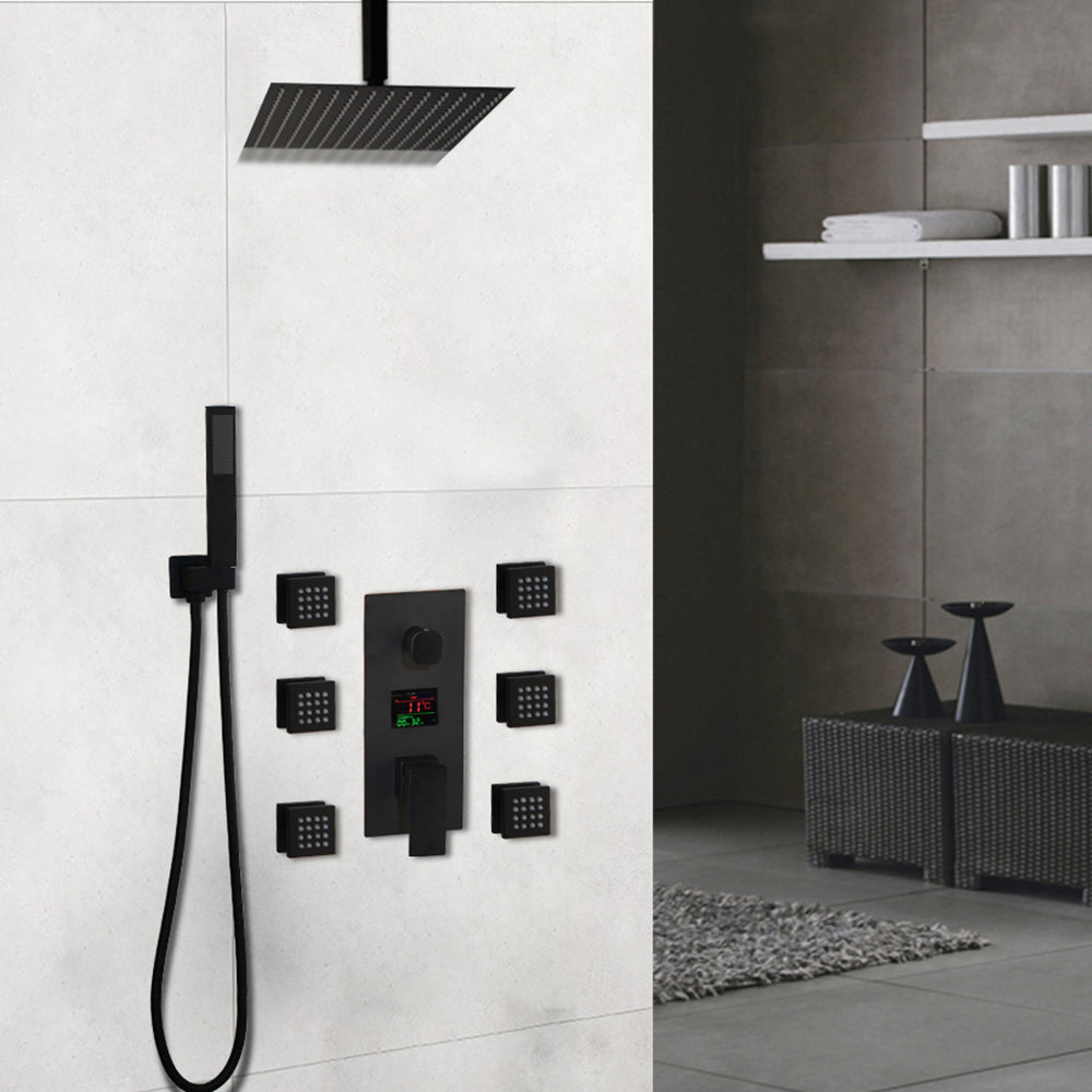 TOKYO-Black CSA  Square Ceiling Mount LED Temperature Thermostatic Control With 6 Body Jet Massage Sprayers Completed Shower Kit