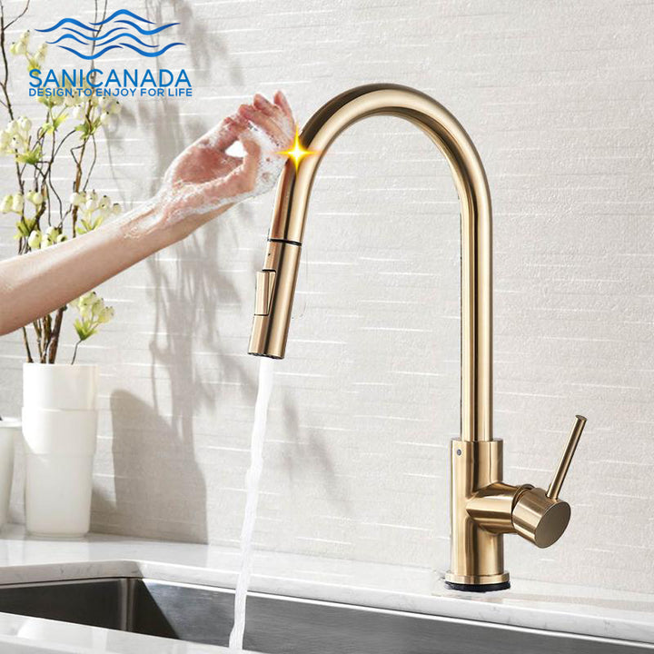 Brushed Gold Touchless Pull Out Dual Sprayer Kitchen Faucet