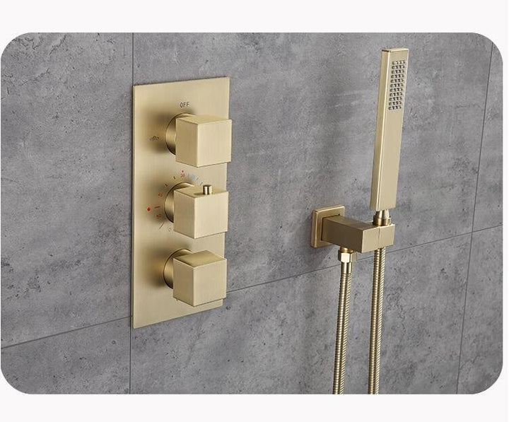 Brushed Gold Square LED Rain shower head thermostatic 3 way function diverter hand held spray with 6 body jets completed shower kit