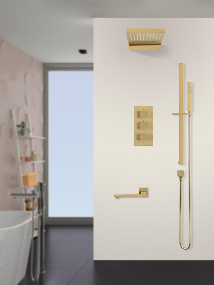 Gold polished - Matte Black-Chrome  Square 4 way  Way Thermostatic Waterfall Rain Head Shower Kit