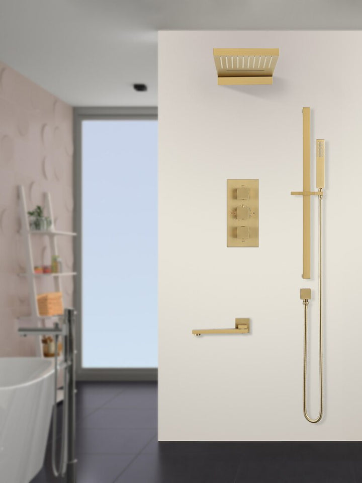 Brushed gold Waterfall-Rain, Tub and hand Spray 4 way Function thermostatic shower kit