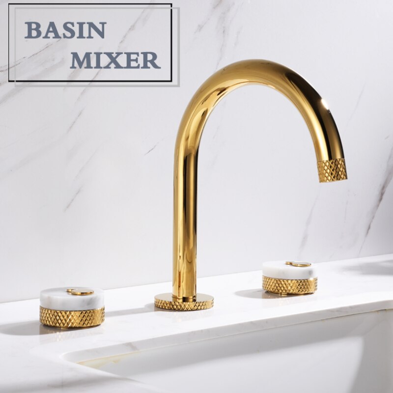 Nordic Gold polished with marble handles 8" inch wide spread bathroom faucet