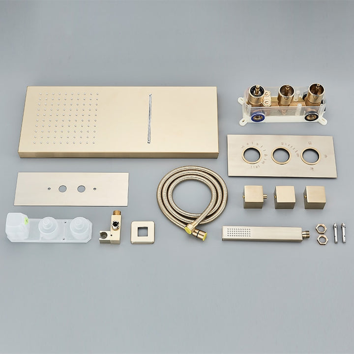 Brushed Gold Square Thermostatic  3-way function shower kit