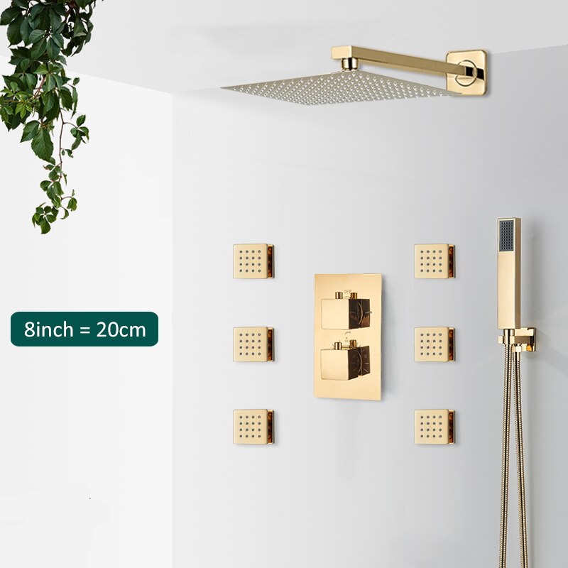 Gold polish brass-Square Rain Head 8-10-12-16 inches-  3-way fucntion diverter - Thermostatic Mixer Brass Shower Mixer 6pcs Spa body Jets