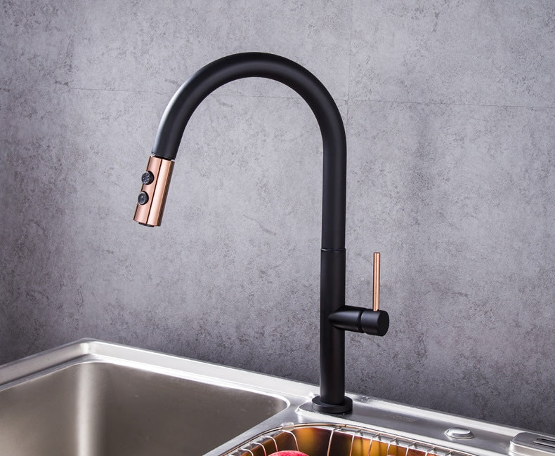 Black with rose gold polished smart touchless pull out dual sprayer kitchen faucet