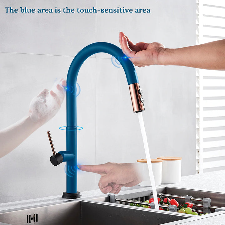 Black with rose gold polished smart touchless pull out dual sprayer kitchen faucet