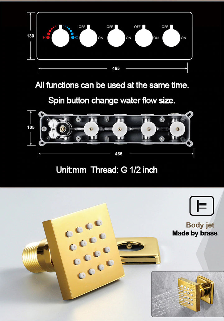 Gold Polished brass-Smart LCD Touch Control Display Shower Spa System