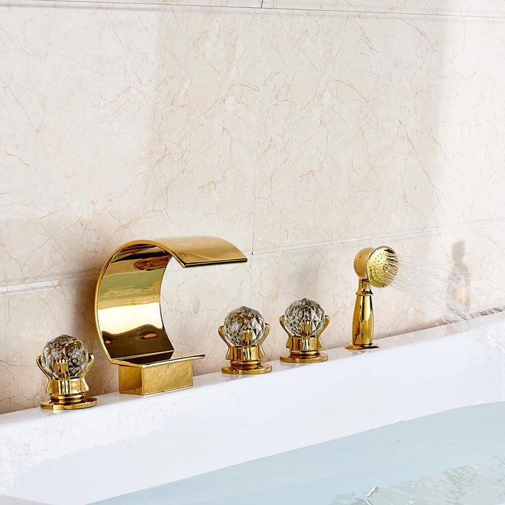 Gold Waterfall With Crystal Handles 5 Pieces Deck Mount Bathtub Filler Completed Set