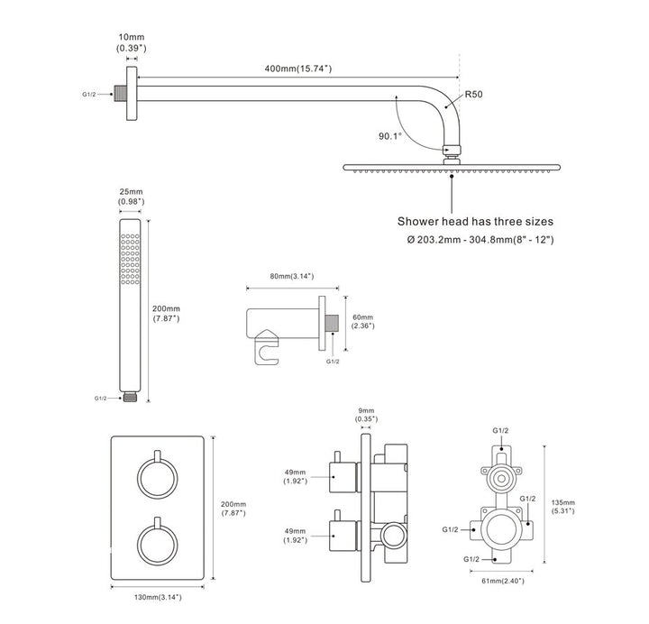 Gold polished - Brushed gold  2 and 3 Way Control Thermostatic Shower Shower Kit