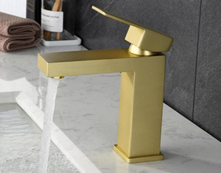 Brushed gold square single hole bathroom faucet