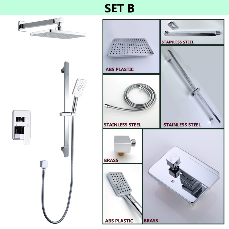 Chrome Square 12" Inch Rain Head Pressure Balance 2 way Function Diverter with slide bar CUPC Shower Kit