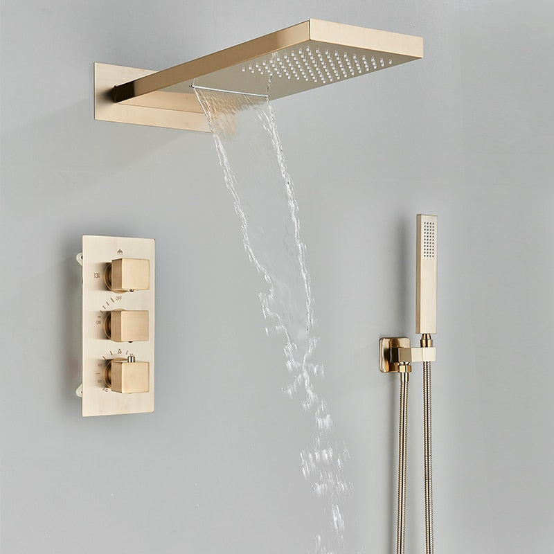 Brushed Gold Square Thermostatic  3-way function shower kit