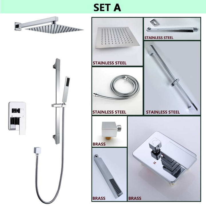 Chrome Square 12" Inch Rain Head Pressure Balance 2 way Function Diverter with slide bar CUPC Shower Kit