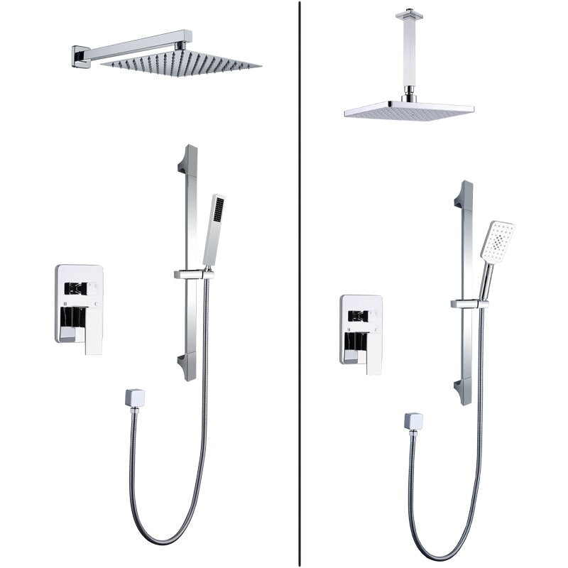 Chrome Square 12" Inch Rain Head Pressure Balance 2 way Function Diverter with slide bar CUPC Shower Kit