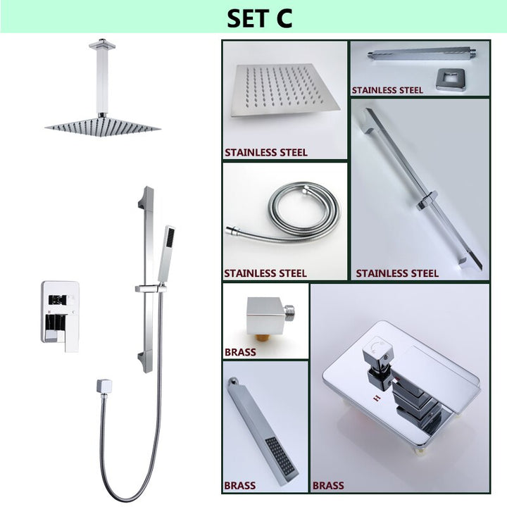 Chrome Square 12" Inch Rain Head Pressure Balance 2 way Function Diverter with slide bar CUPC Shower Kit