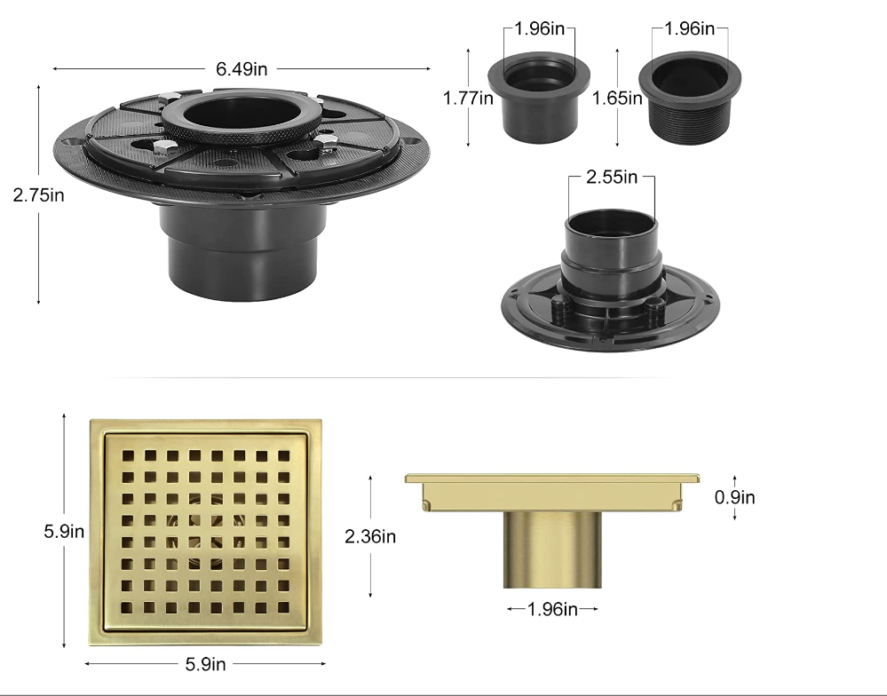 Brushed gold square shower drain 6" x6"