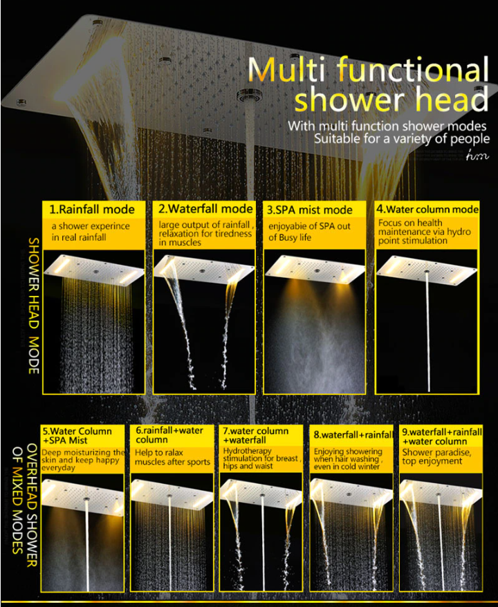 Chrome 23"x15" Ceiling Flushmount Rain Head Mist,Rain,Waterfall mode with LED Chromatherapy lights completed shower system spa kit