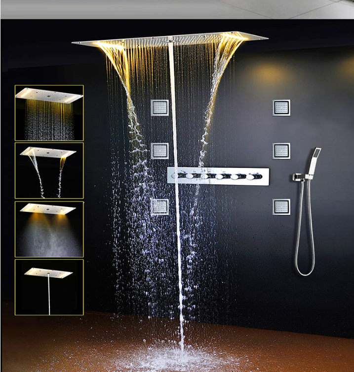 Chrome 23"x15" Ceiling Flushmount Rain Head Mist,Rain,Waterfall mode with LED Chromatherapy lights completed shower system spa kit