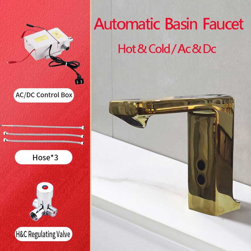 Gold polish square commercial sensor bathroom single hole faucet