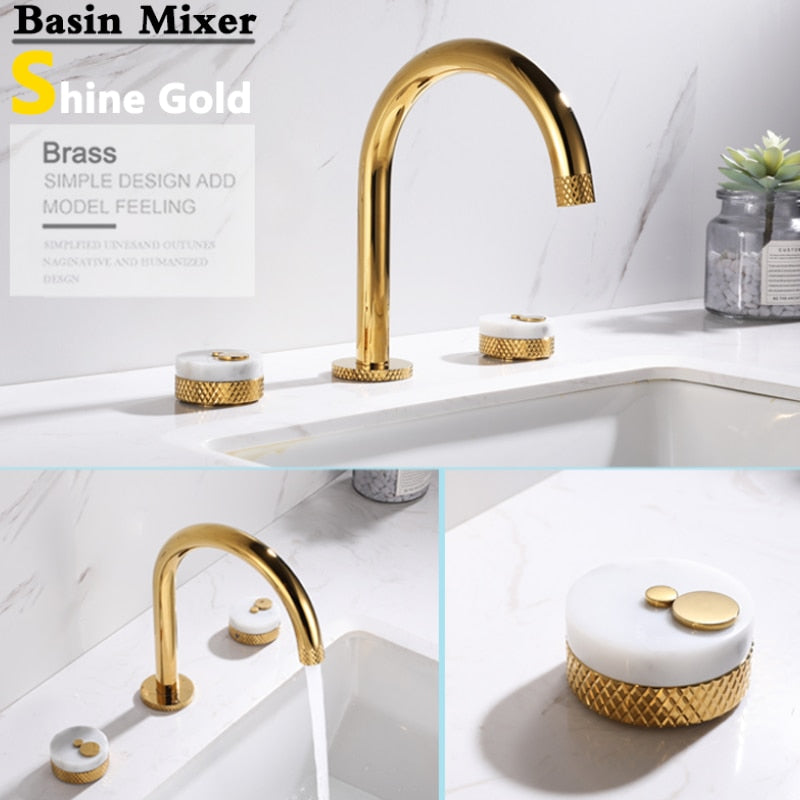 Nordic Gold polished with marble handles 8" inch wide spread bathroom faucet