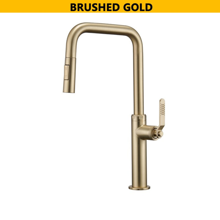 Nordic Design Brushed Gold-Grey Gun-Chrome Kitchen Faucet with Dual Sprayer