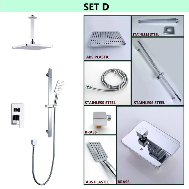 Chrome Square 12" Inch Rain Head Pressure Balance 2 way Function Diverter with slide bar CUPC Shower Kit