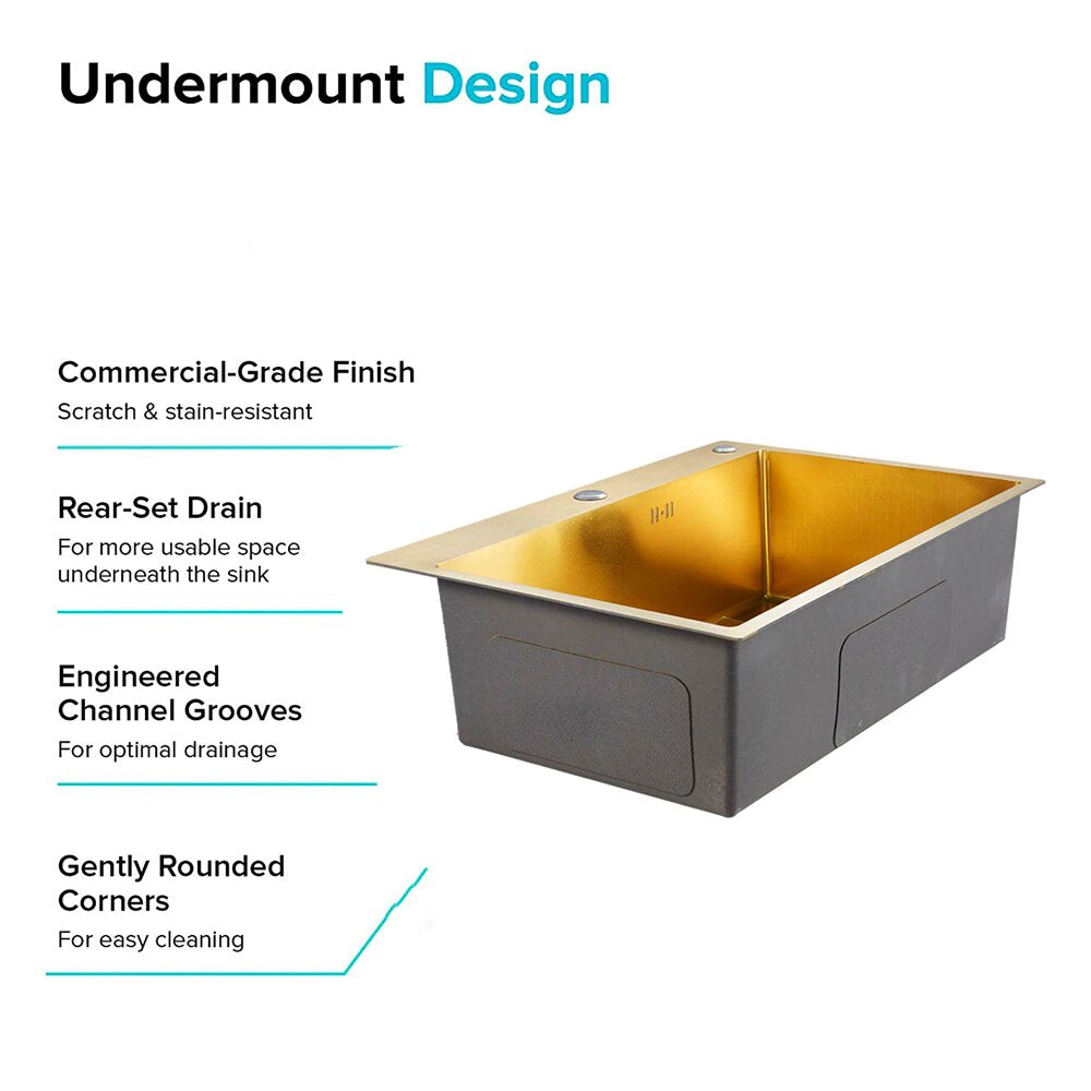 Brushed Gold Undermount 16 Gauge Commercial Grade Kitchen Sink Single Bowl 304 Stainless Steel with Nano Coated Technology