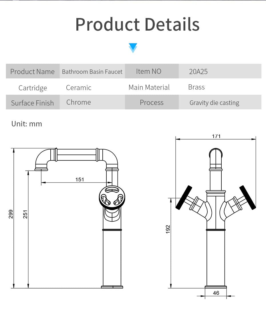 Prague-Black Industrial Victorian Hot and Cold Lever Tall and short bathroom faucet