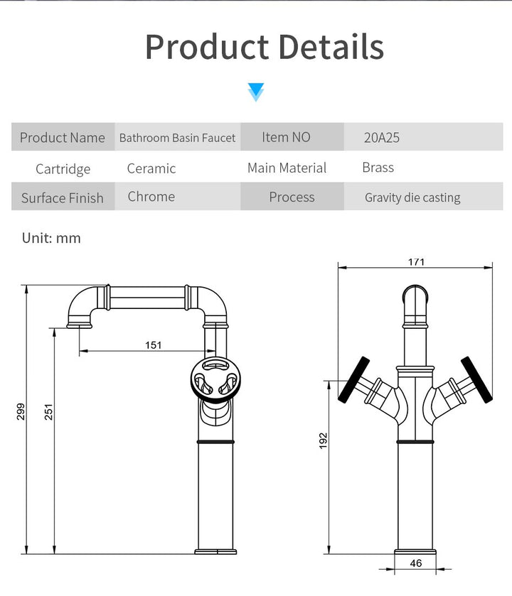 Prague-Black Industrial Victorian Hot and Cold Lever Tall and short bathroom faucet