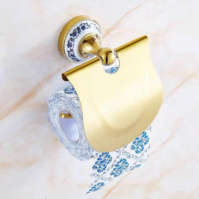 Gold polished with porcelain Victorian antique bathroom accessories