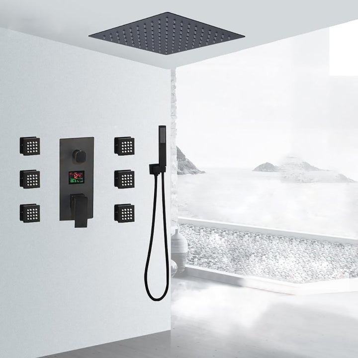 TOKYO-Black CSA  Square Ceiling Mount LED Temperature Thermostatic Control With 6 Body Jet Massage Sprayers Completed Shower Kit