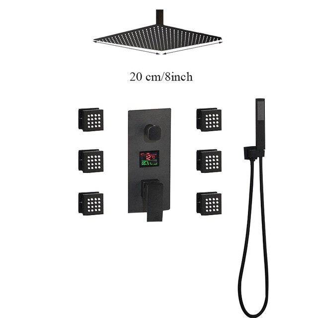 TOKYO-Black CSA  Square Ceiling Mount LED Temperature Thermostatic Control With 6 Body Jet Massage Sprayers Completed Shower Kit