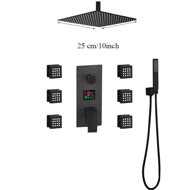 TOKYO-Black CSA  Square Ceiling Mount LED Temperature Thermostatic Control With 6 Body Jet Massage Sprayers Completed Shower Kit