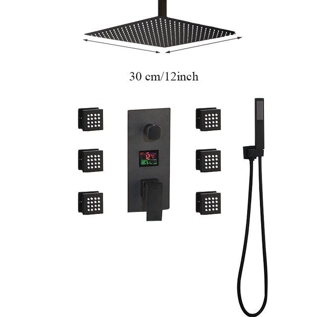 TOKYO-Black CSA  Square Ceiling Mount LED Temperature Thermostatic Control With 6 Body Jet Massage Sprayers Completed Shower Kit