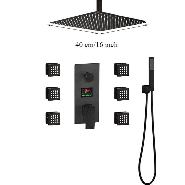 TOKYO-Black CSA  Square Ceiling Mount LED Temperature Thermostatic Control With 6 Body Jet Massage Sprayers Completed Shower Kit