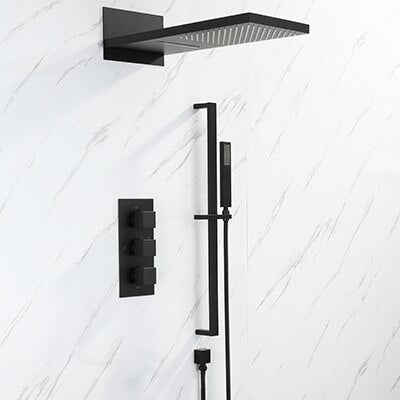 Gold polished - Matte Black-Chrome  Square 4 way  Way Thermostatic Waterfall Rain Head Shower Kit