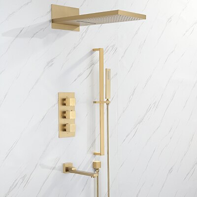 Gold polished - Matte Black-Chrome  Square 4 way  Way Thermostatic Waterfall Rain Head Shower Kit