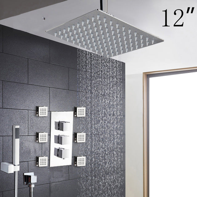 Ceiling Mounted Rainfall Thermostatic Valve Mixer Tap W/ 6 Message Jets Shower Mixer Set