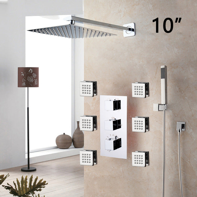 Ceiling Mounted Rainfall Thermostatic Valve Mixer Tap W/ 6 Message Jets Shower Mixer Set