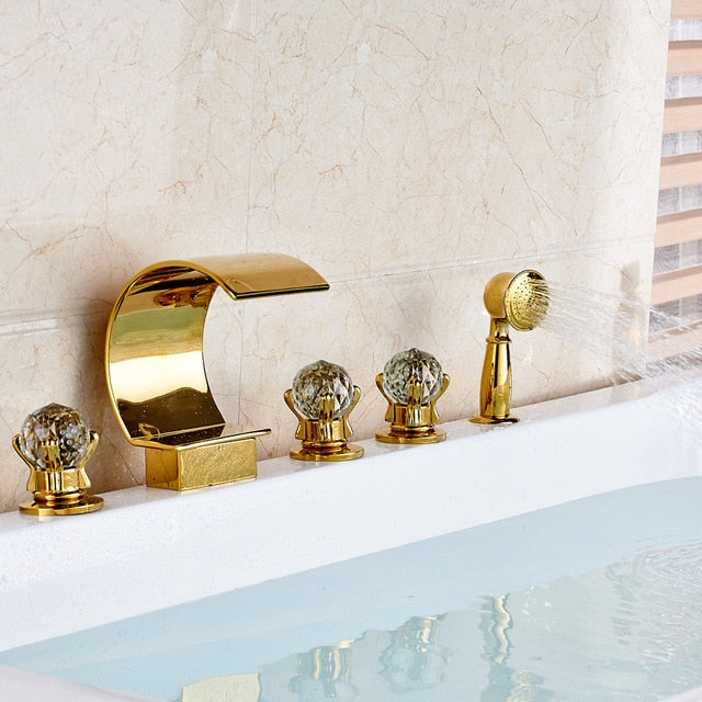 Gold Waterfall With Crystal Handles 5 Pieces Deck Mount Bathtub Filler Completed Set