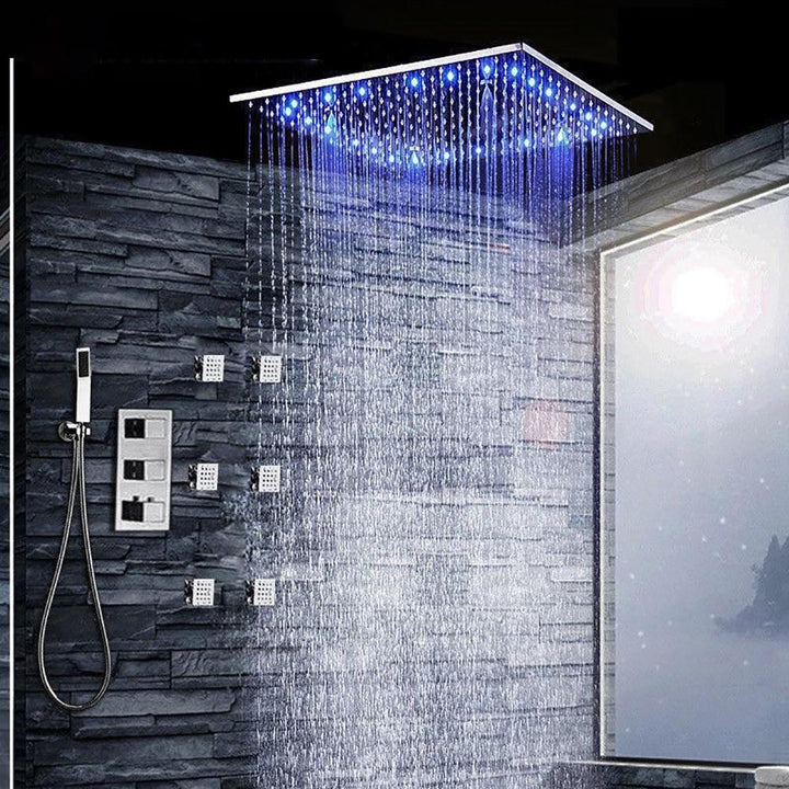 Chrome 12" LED Rain Shower Head Thermostatic Valve 6 PCS Jets Hand Shower Cell Mounted Jets Hand Shower Sprayer