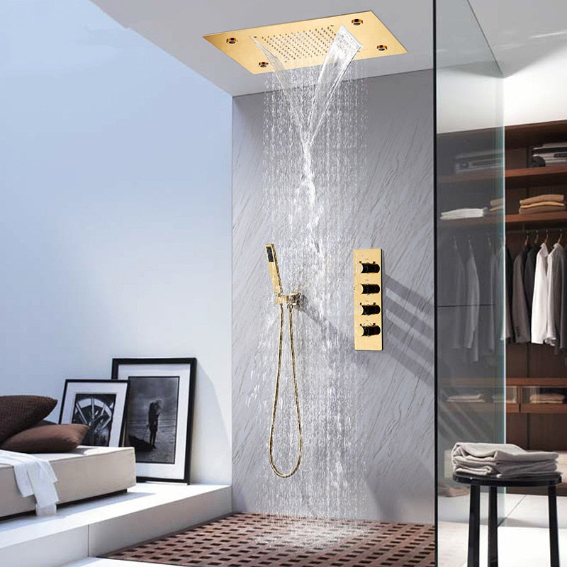 Gold Polished Ceiling Flushmount LED-Waterfall Raind Head Size  20"X 14"  or 4 Way Mixer Valve Thermostatic Shower Kit