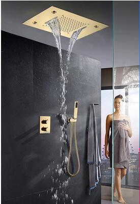 Gold Polished Ceiling Flushmount LED-Waterfall Raind Head Size  20"X 14"  or 4 Way Mixer Valve Thermostatic Shower Kit