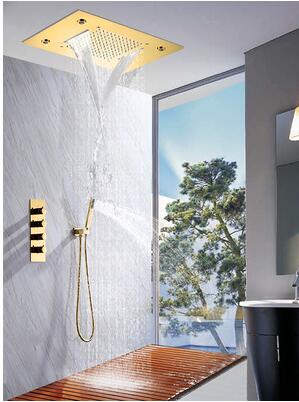 Gold Polished Ceiling Flushmount LED-Waterfall Raind Head Size  20"X 14"  or 4 Way Mixer Valve Thermostatic Shower Kit