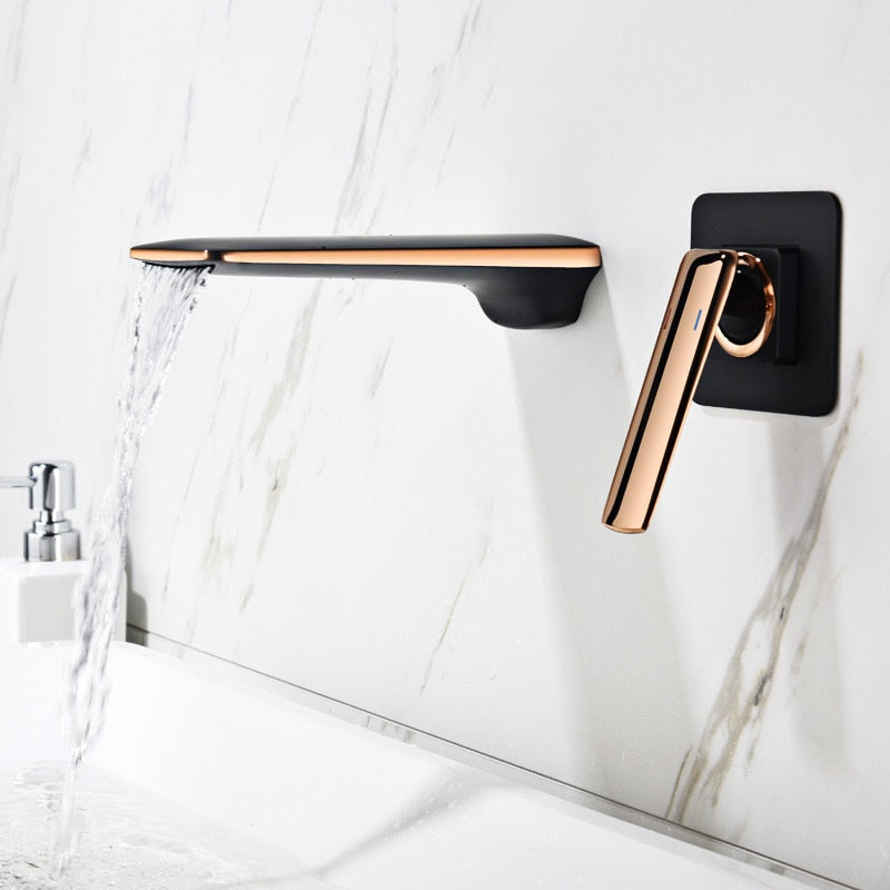 Rose gold with black single lever wall mounted bathroom faucet