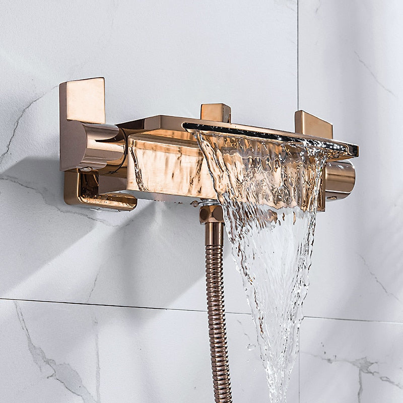 Rose Gold-Gold-Black-White-Chrome Wall Mounted Waterfall and Option Hand held Sprayer Bathtub Filler Set