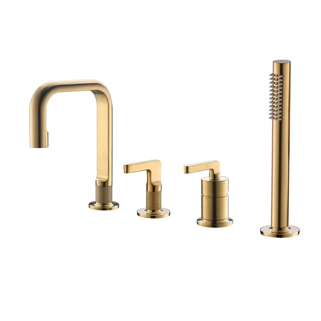 Brushed Gold - Grey Gun 8 inch wide spread faucet and deck mount tub filler