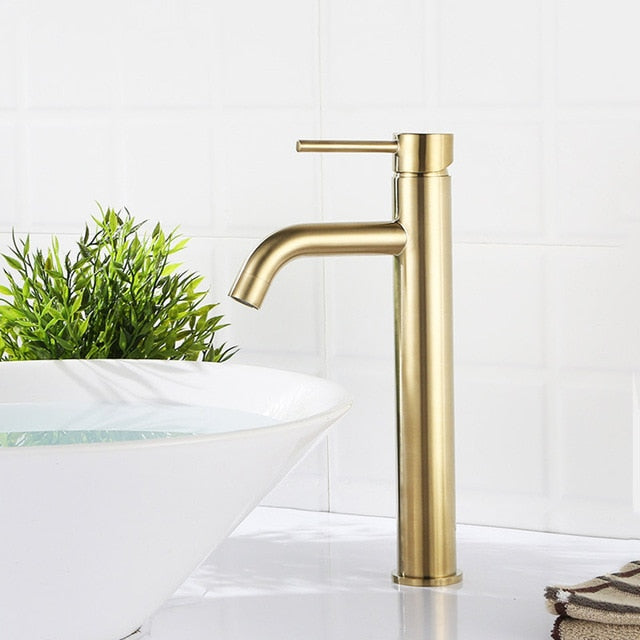 Brushed gold tall and short single hole bathroom faucet