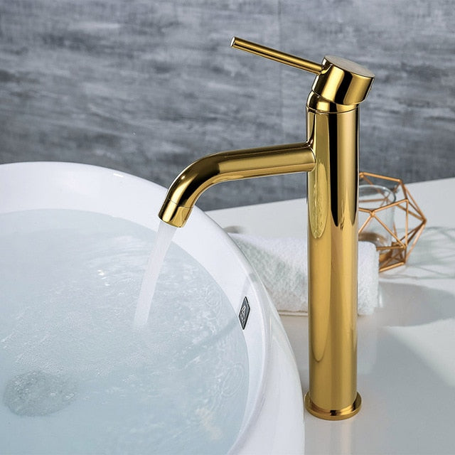 Brushed gold tall and short single hole bathroom faucet